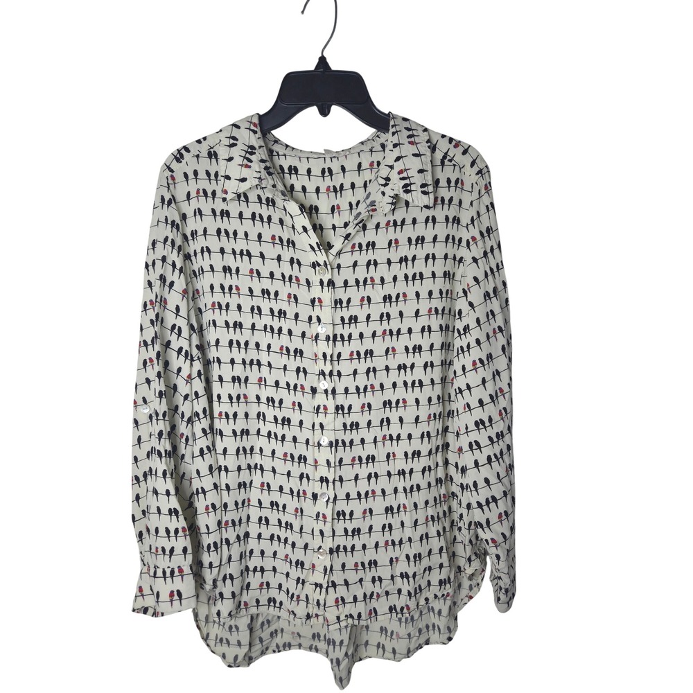Jane and Delancey Ivory Bird Print Button Down Blouse Roll Tab Sleeve Womens 1X